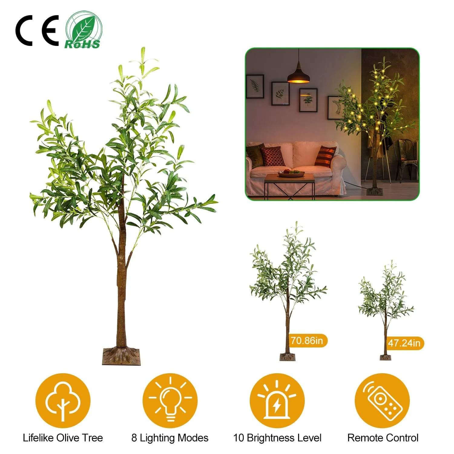 180-Pieces LED Beads Lighted Olive Tree with Warm Light with Remote 8 Lighting Modes 10 Adjustable Brightness