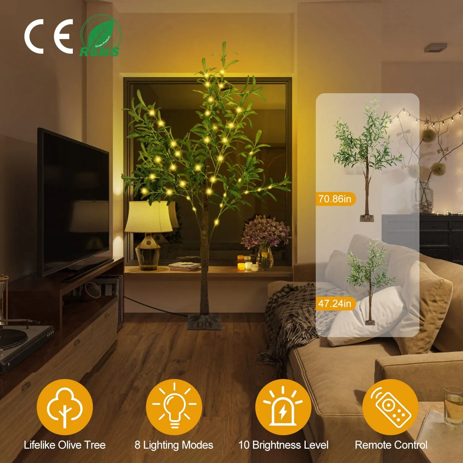 180-Pieces LED Beads Lighted Olive Tree with Warm Light with Remote 8 Lighting Modes 10 Adjustable Brightness