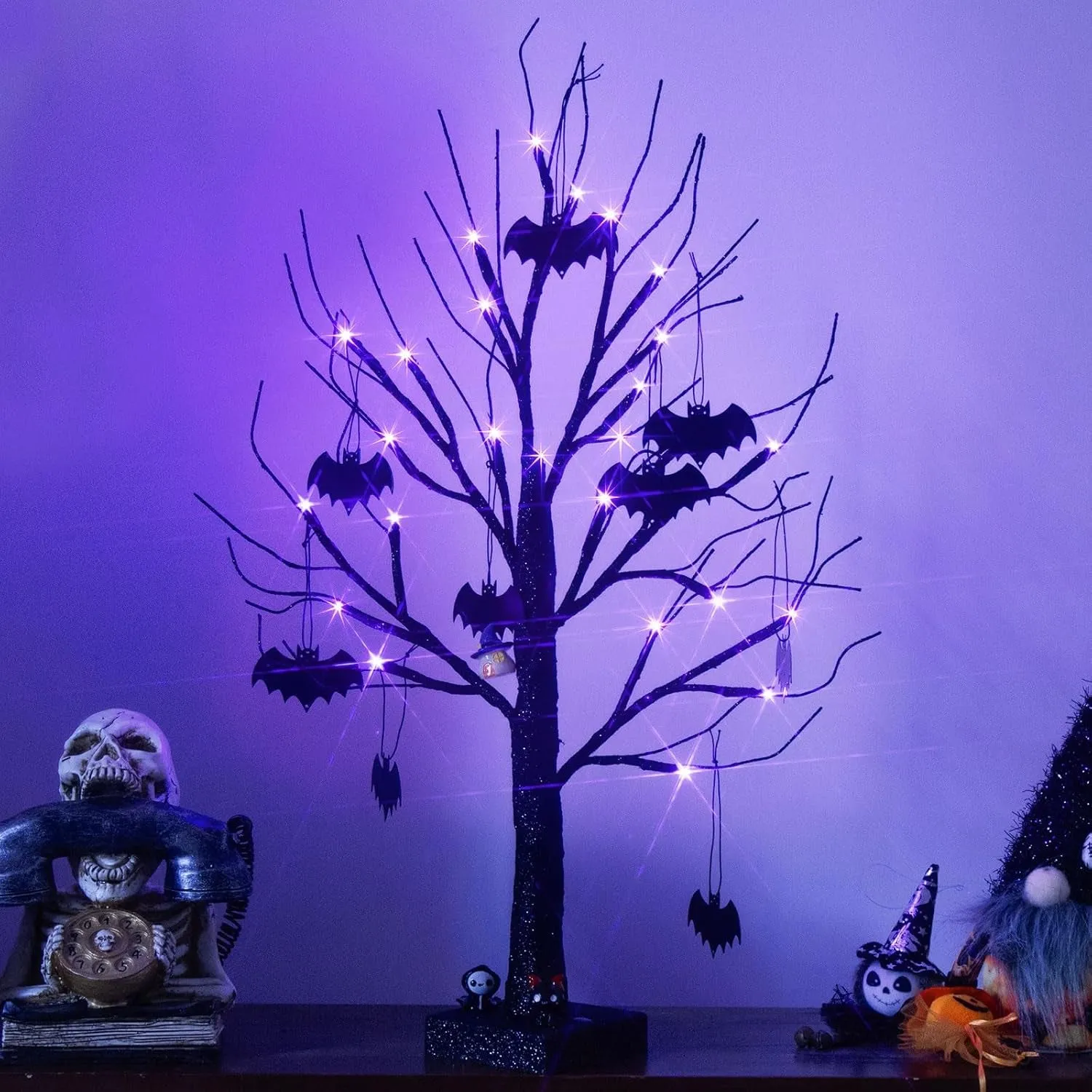 2FT Black Halloween Tree with Purple Lights and Bat Ornaments - Battery Powered