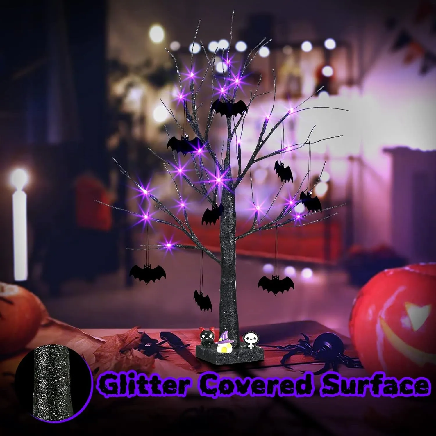 2FT Black Halloween Tree with Purple Lights and Bat Ornaments - Battery Powered