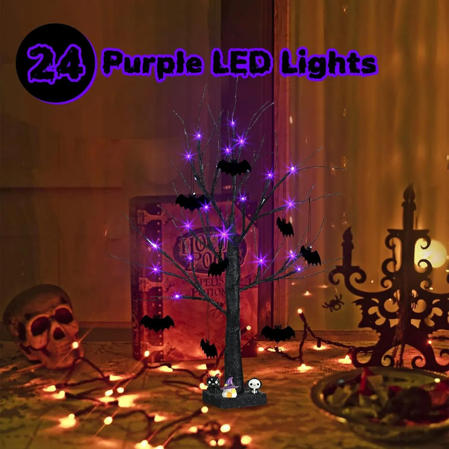 2FT Black Halloween Tree with Purple Lights and Bat Ornaments - Battery Powered