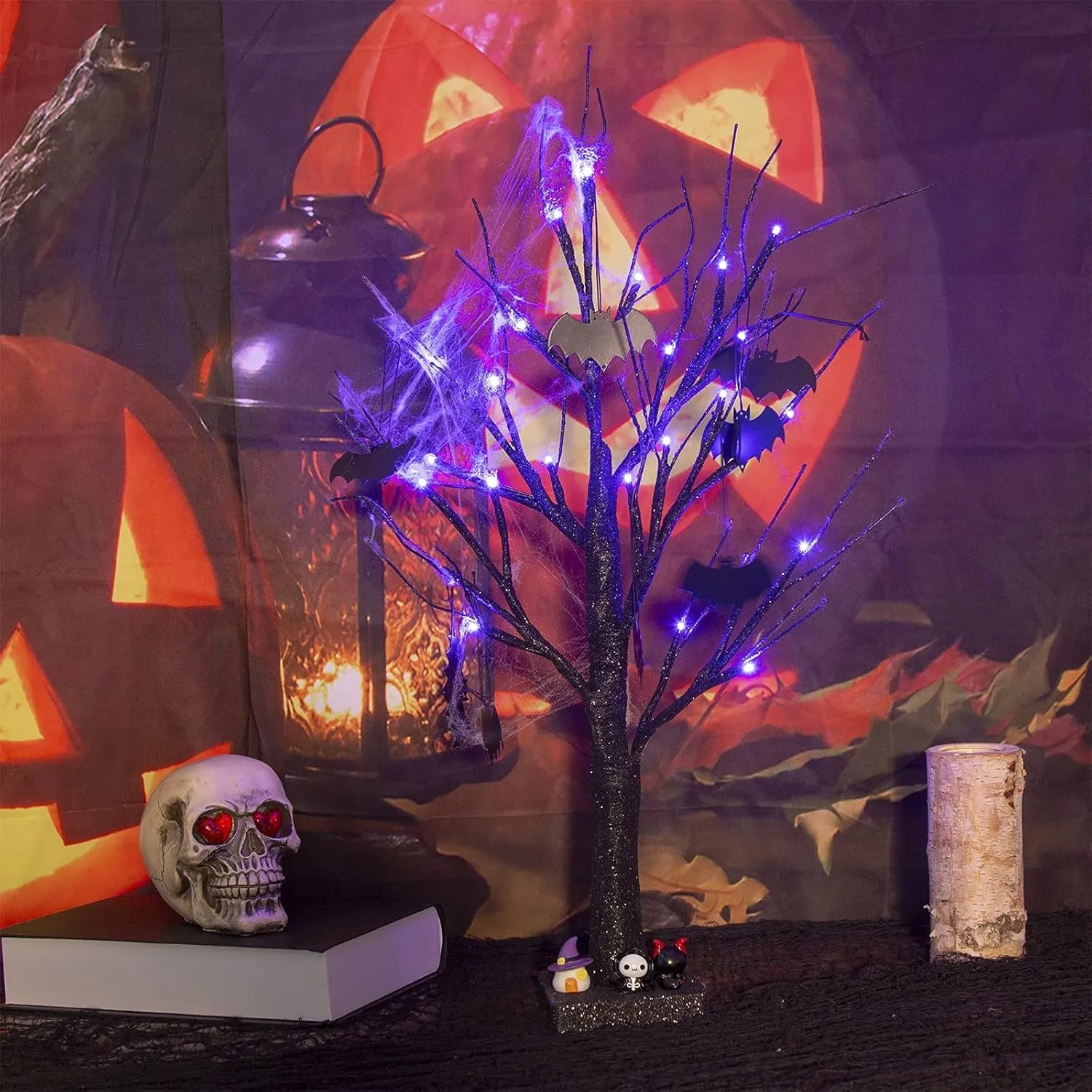 2FT Black Halloween Tree with Purple Lights and Bat Ornaments - Battery Powered