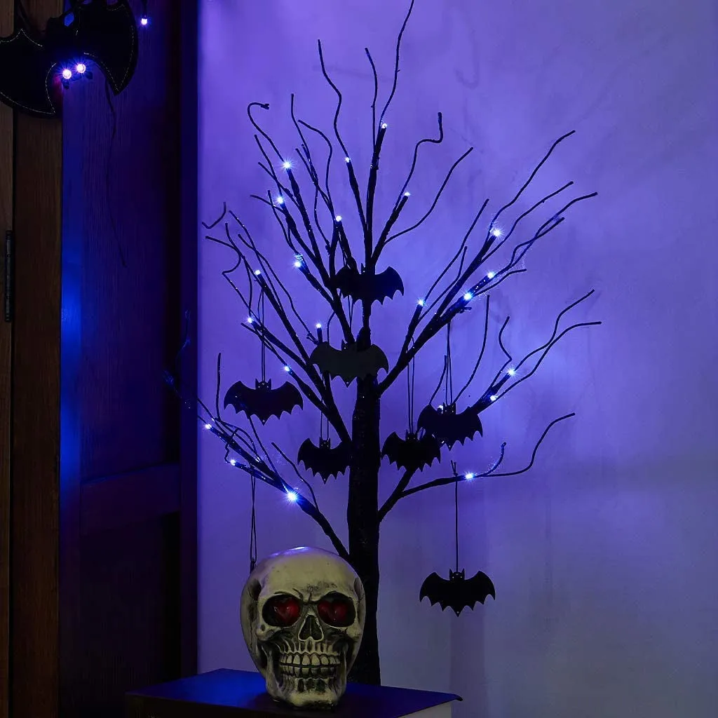 2FT Black Halloween Tree with Purple Lights and Bat Ornaments - Battery Powered