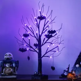 2FT Black Halloween Tree with Purple Lights and Bat Ornaments - Battery Powered