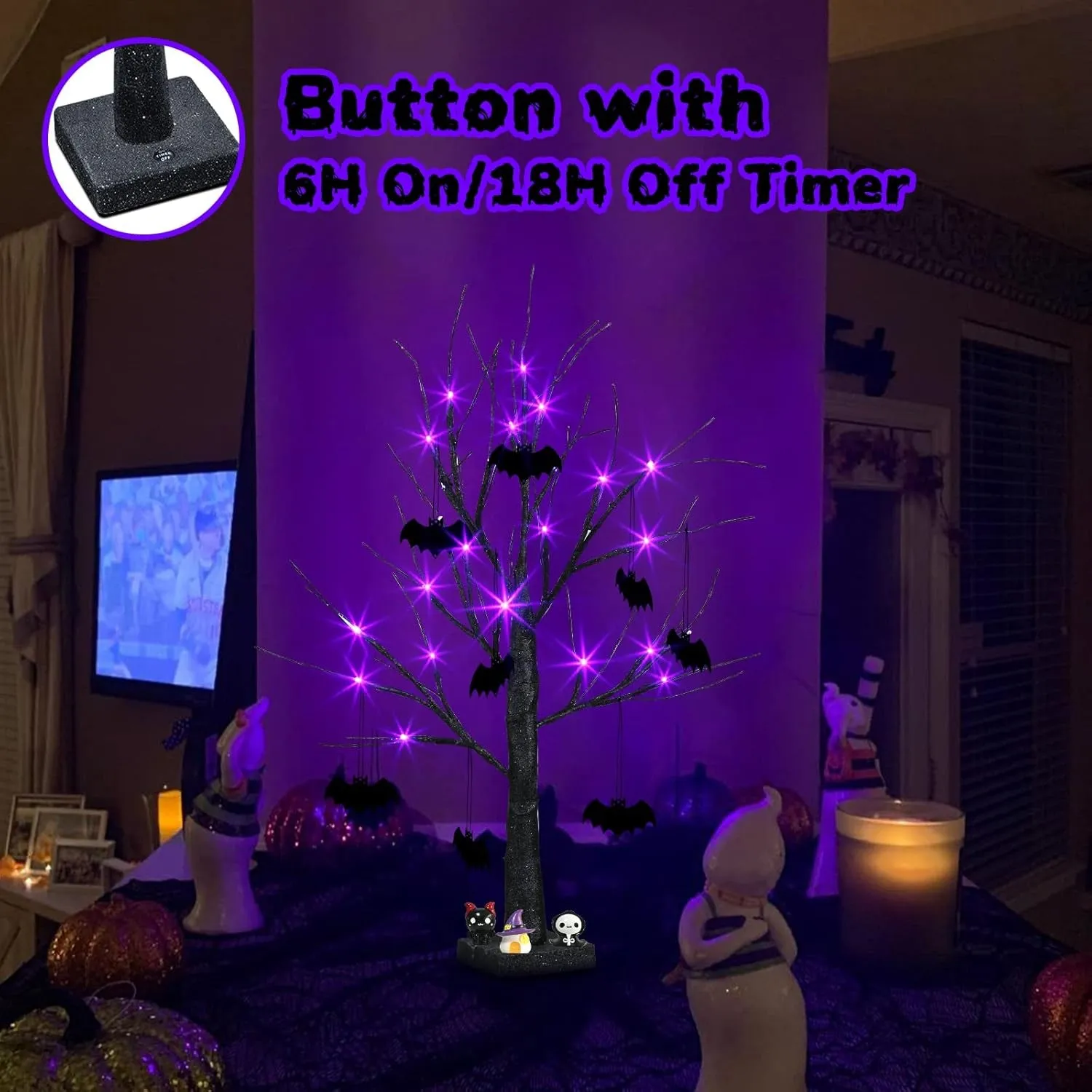 2FT Black Halloween Tree with Purple Lights and Bat Ornaments - Battery Powered
