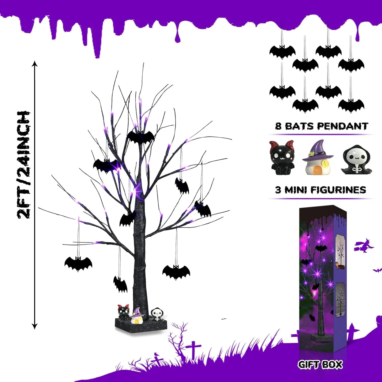 2FT Black Halloween Tree with Purple Lights and Bat Ornaments - Battery Powered