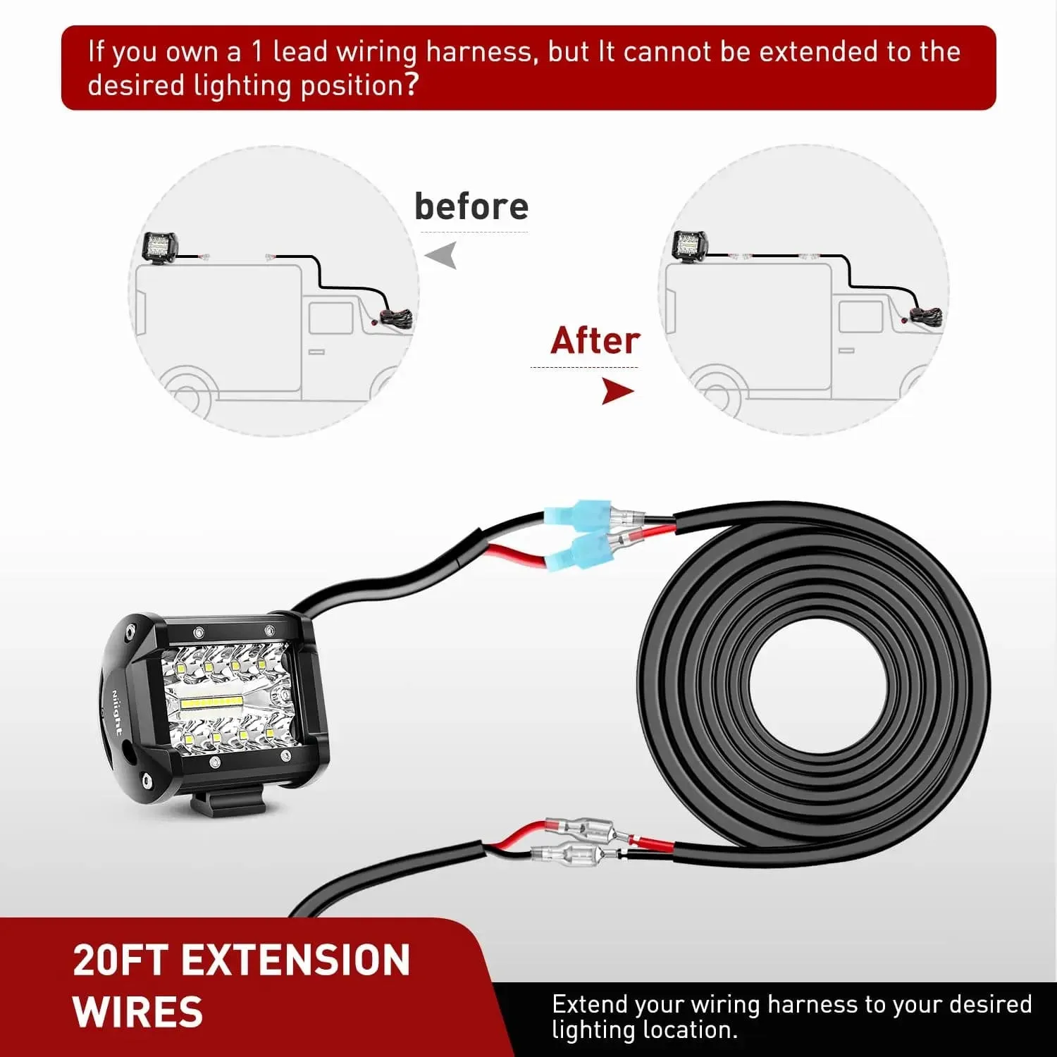 2PCS 16AWG 20FT Wire Extension Kit For LED Light Bar/Led Pods/LED Work Light