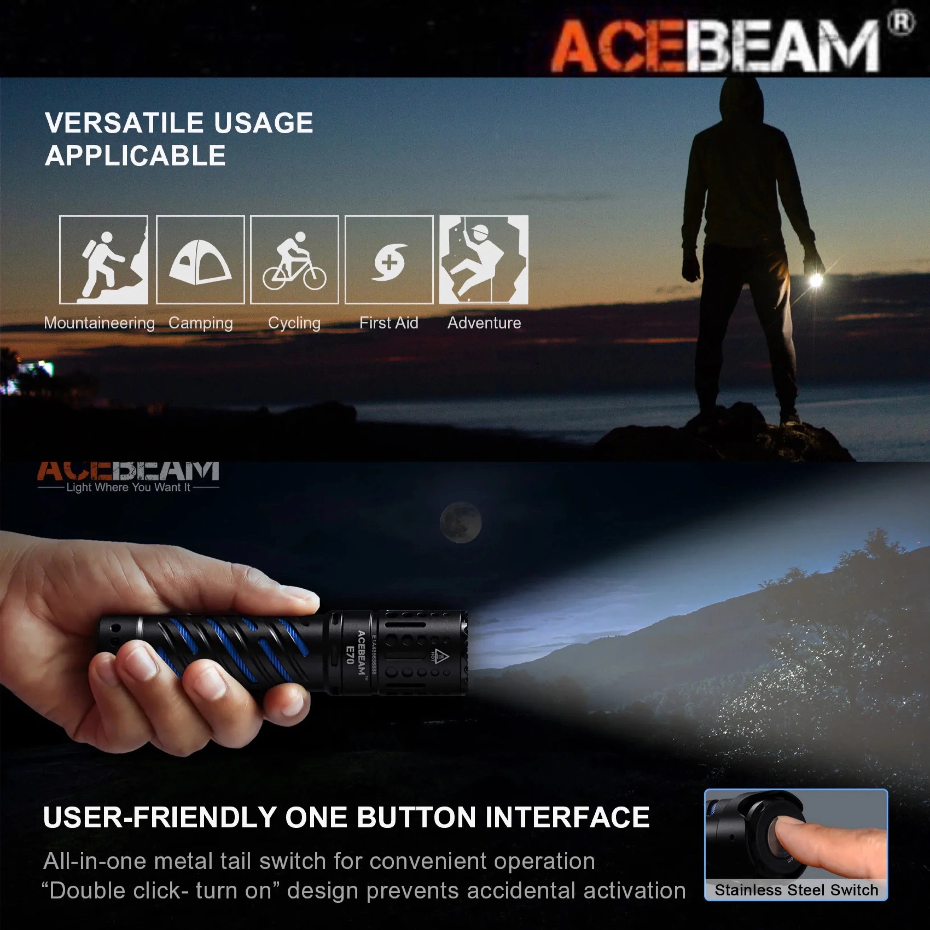 ACEBEAM E70-AL 4600LMS 240M Super Bright EDC Flashlight  (ไม่รวมแบตเตอรี่)