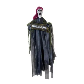 Animated Hanging Ghoul Skeleton with Welcome Sign