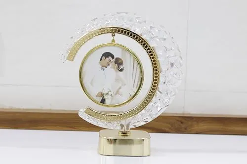 AT SUB Crystal Glass Photo Frame With Golden Light Photos | Gift Personalized Frames For Valentines Day Gifts, Anniversary, Birthday | Plastic (Round)