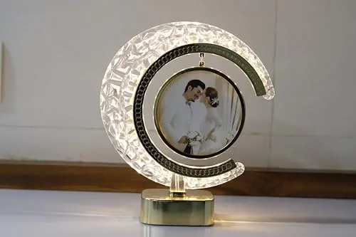AT SUB Crystal Glass Photo Frame With Golden Light Photos | Gift Personalized Frames For Valentines Day Gifts, Anniversary, Birthday | Plastic (Round)