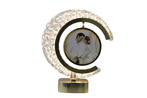 AT SUB Crystal Glass Photo Frame With Golden Light Photos | Gift Personalized Frames For Valentines Day Gifts, Anniversary, Birthday | Plastic (Round)