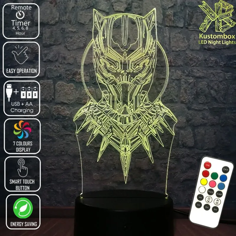 Black Panther Face Mask 3D LED Night Light Lamp Childrens Room