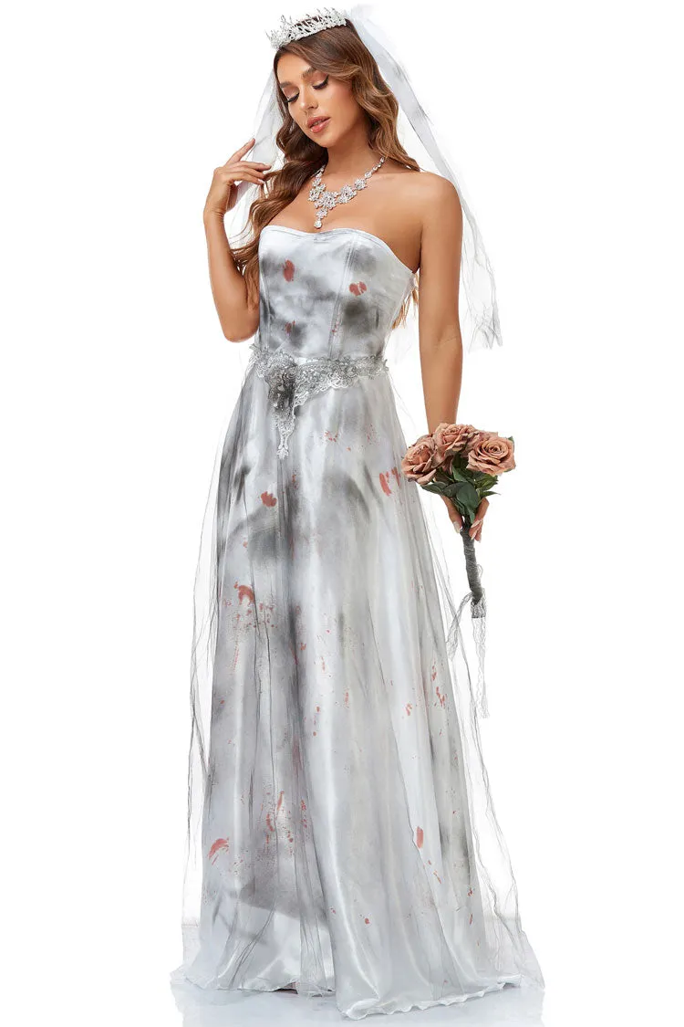 Bloody zombie Bride Halloween Tie Dye Mesh Satin Strapless Maxi Dress - White