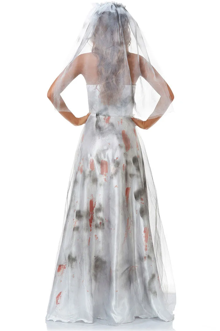 Bloody zombie Bride Halloween Tie Dye Mesh Satin Strapless Maxi Dress - White