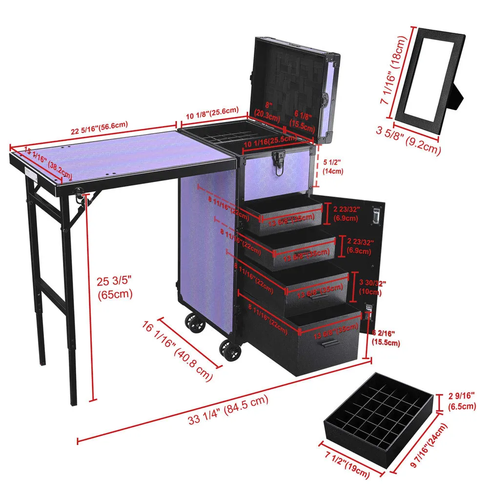 Byootique Rolling Purple Makeup Desk - Portable, Expandable & Safe