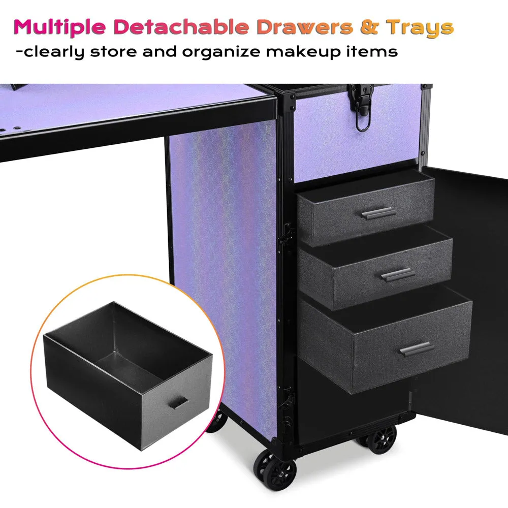 Byootique Rolling Purple Makeup Desk - Portable, Expandable & Safe