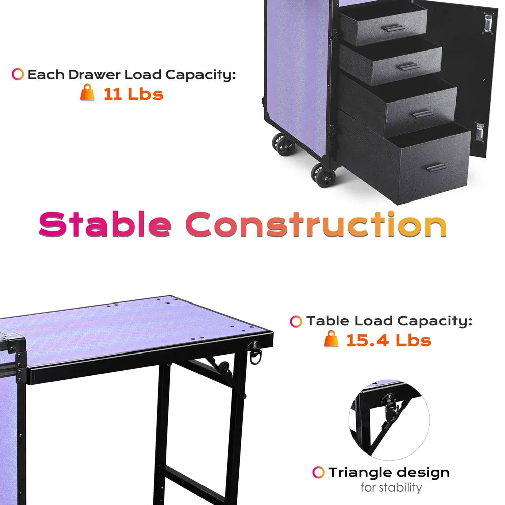 Byootique Rolling Purple Makeup Desk - Portable, Expandable & Safe
