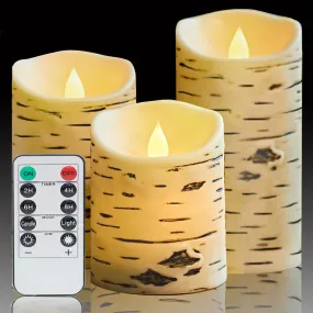 Comenzar Flickering Flameless Candles, Candles Birch Set of 3 (H: 4" 5" 6" x D: 3.25") Birch Bark Battery Candles Real Wax Pillar with Remote Timer
