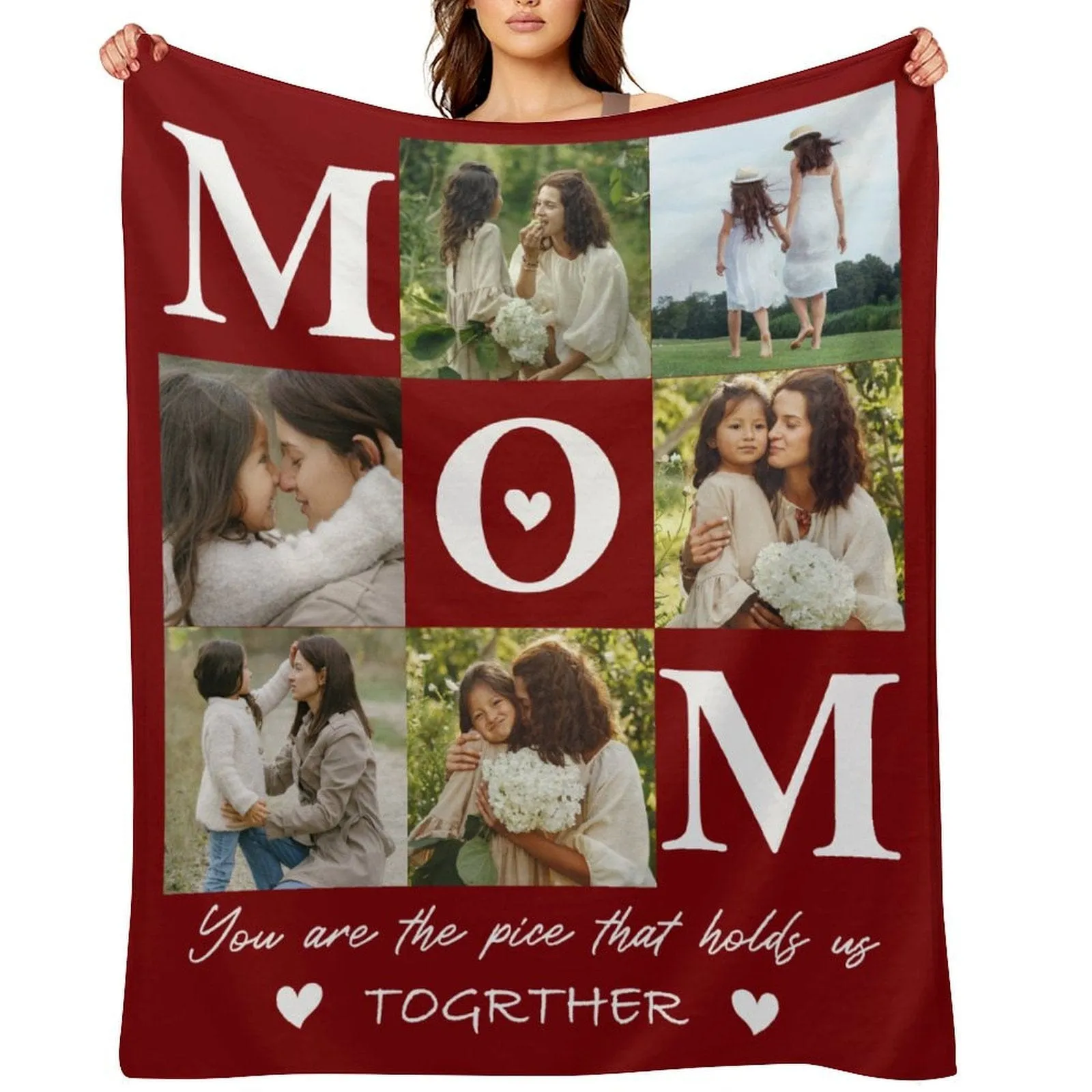 Custom 6 Photos Red Mom Ever White Anti-pilling Flannel Blanket Personalized Mother's Day Blanket Gifts For Best Mom And Grandma