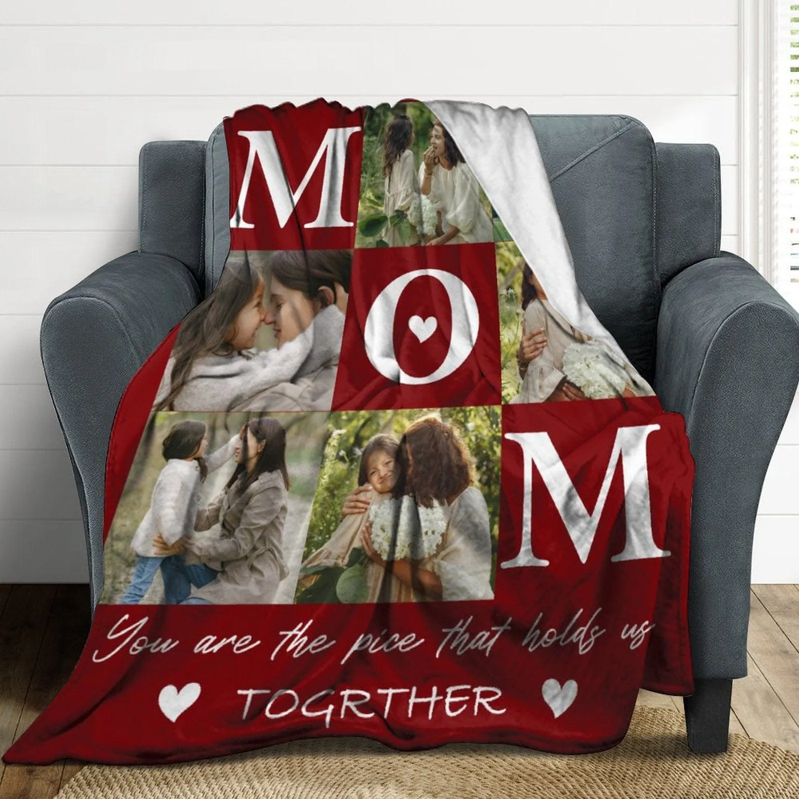 Custom 6 Photos Red Mom Ever White Anti-pilling Flannel Blanket Personalized Mother's Day Blanket Gifts For Best Mom And Grandma