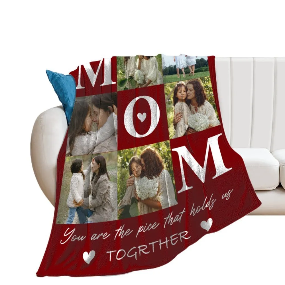 Custom 6 Photos Red Mom Ever White Anti-pilling Flannel Blanket Personalized Mother's Day Blanket Gifts For Best Mom And Grandma