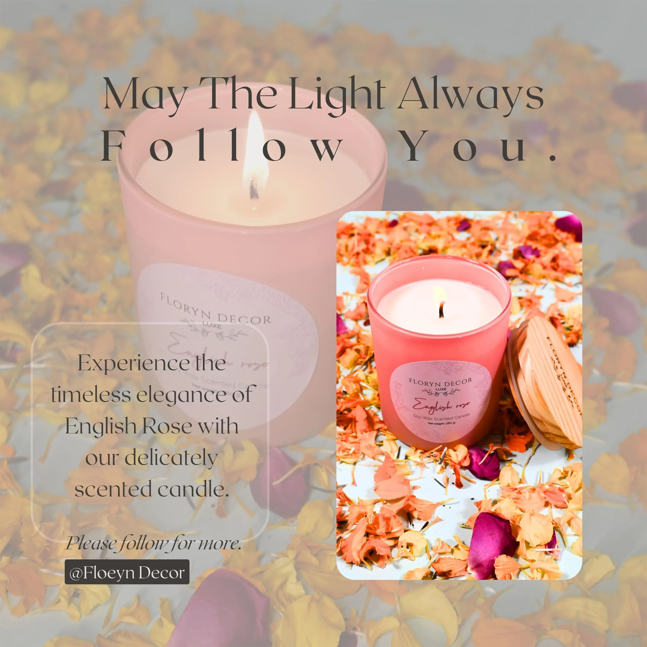 Floryn Decor Luxe English Rose Scented Soy Wax Candle for Home Decor | Pink Jar with Wooden Lid - 180g (Pack of 2)