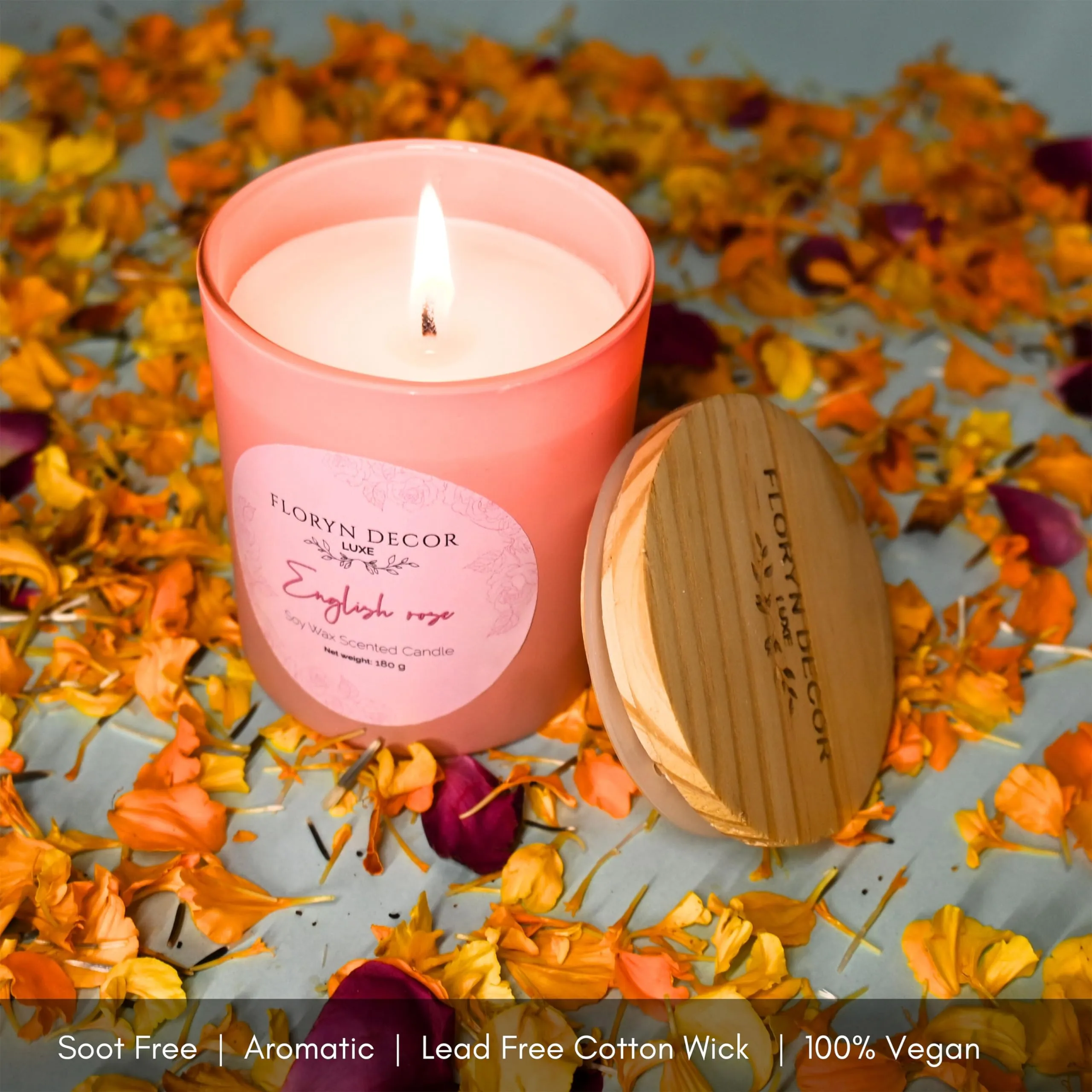 Floryn Decor Luxe English Rose Scented Soy Wax Candle for Home Decor | Pink Jar with Wooden Lid - 180g (Pack of 2)