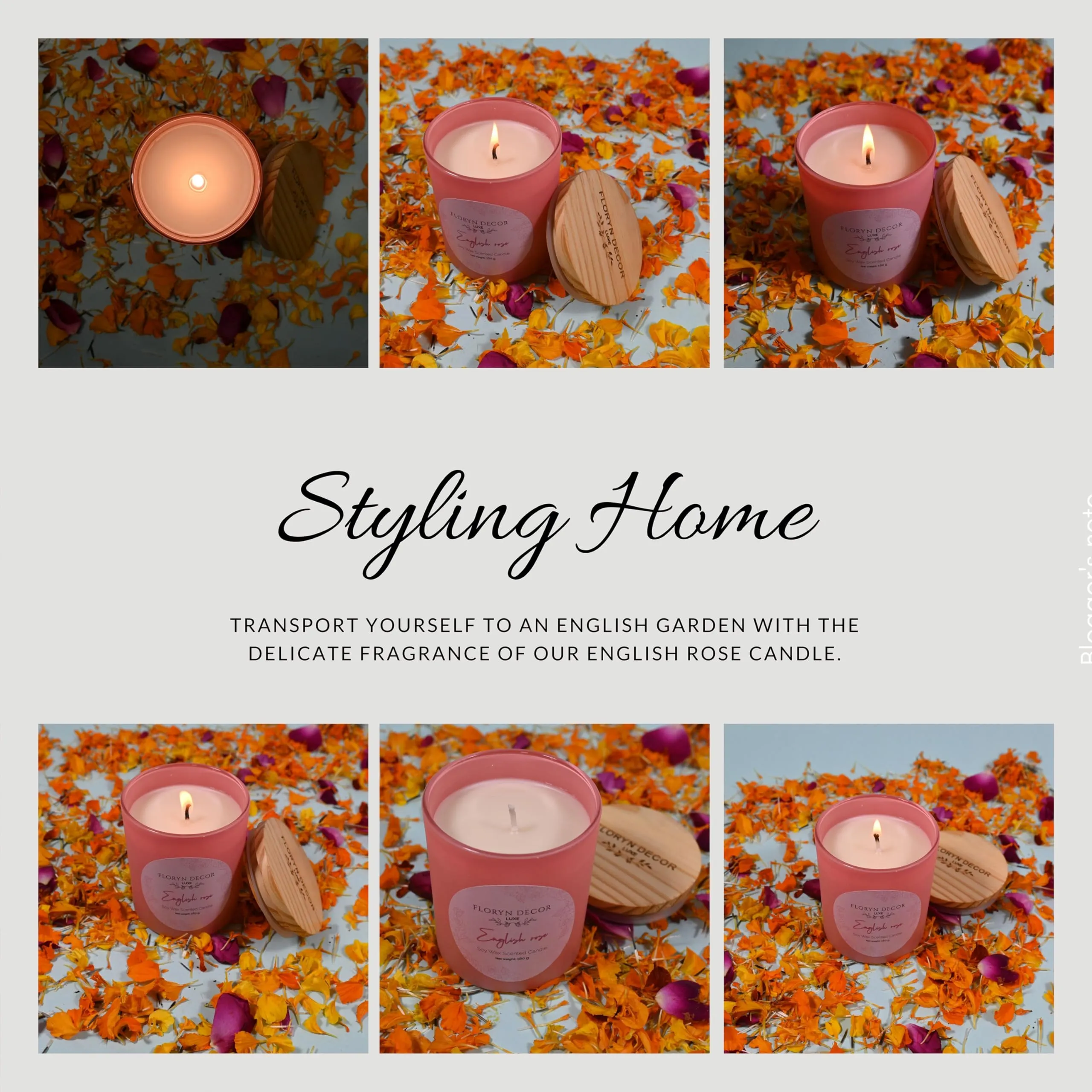 Floryn Decor Luxe English Rose Scented Soy Wax Candle for Home Decor | Pink Jar with Wooden Lid - 180g (Pack of 2)