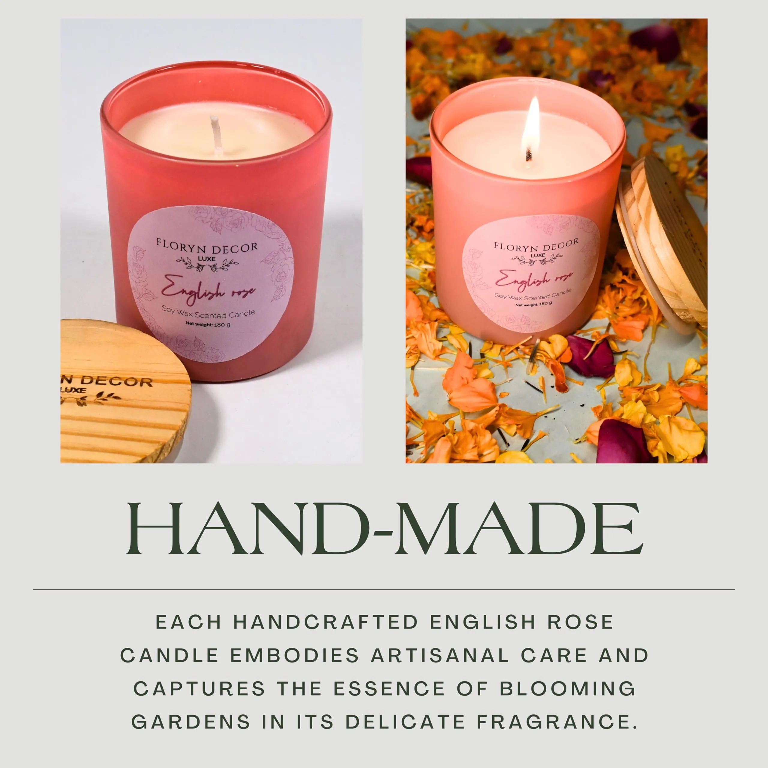 Floryn Decor Luxe English Rose Scented Soy Wax Candle for Home Decor | Pink Jar with Wooden Lid - 180g (Pack of 2)
