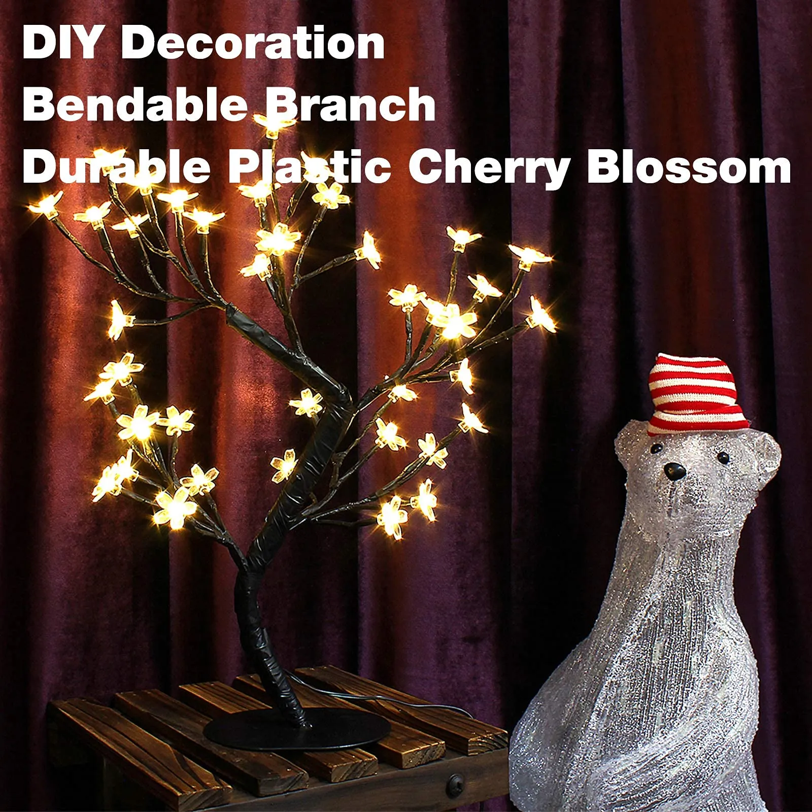 GLOWSERIE Cherry Blossom Tree Lamp Table Decoration 17in Artificial Tree with 48 LED Lights for Bedroom Party Wedding Office Home Warm White