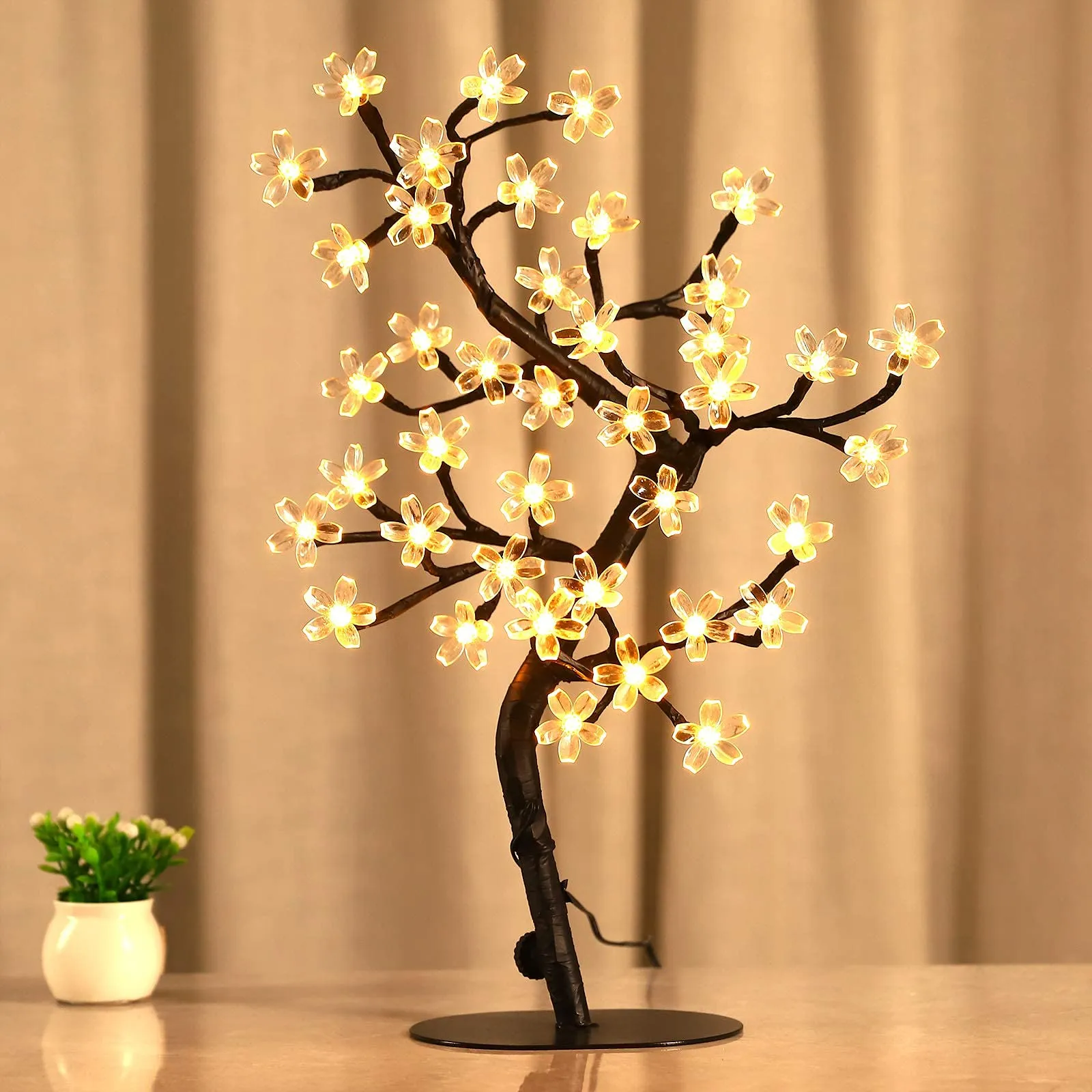 GLOWSERIE Cherry Blossom Tree Lamp Table Decoration 17in Artificial Tree with 48 LED Lights for Bedroom Party Wedding Office Home Warm White