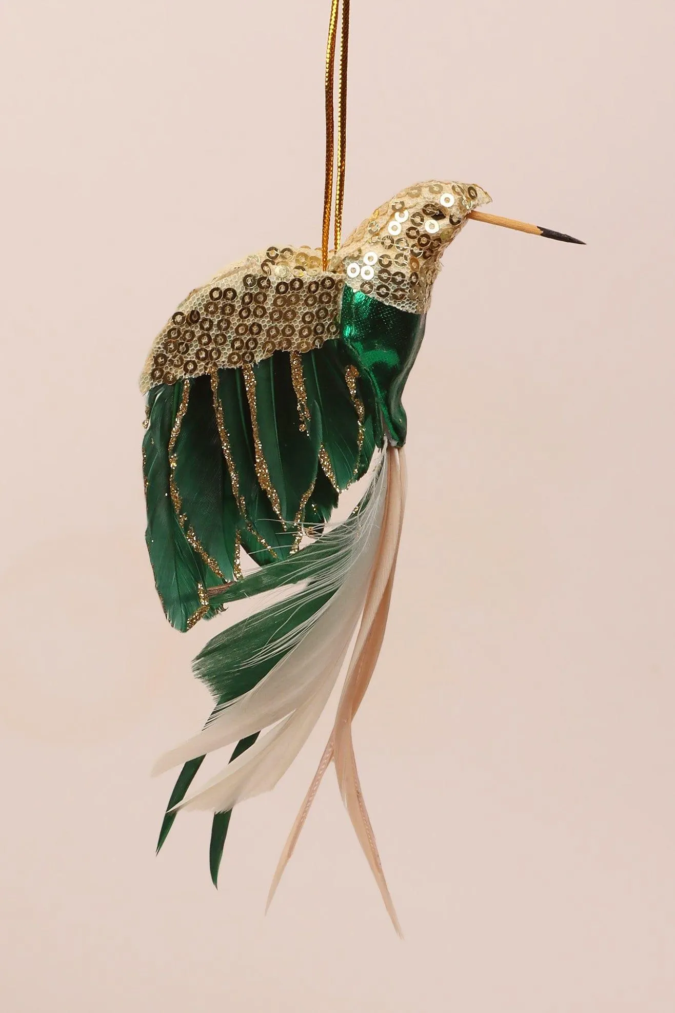 Gold Bird Christmas Tree Decoration with Sequins and Feathers