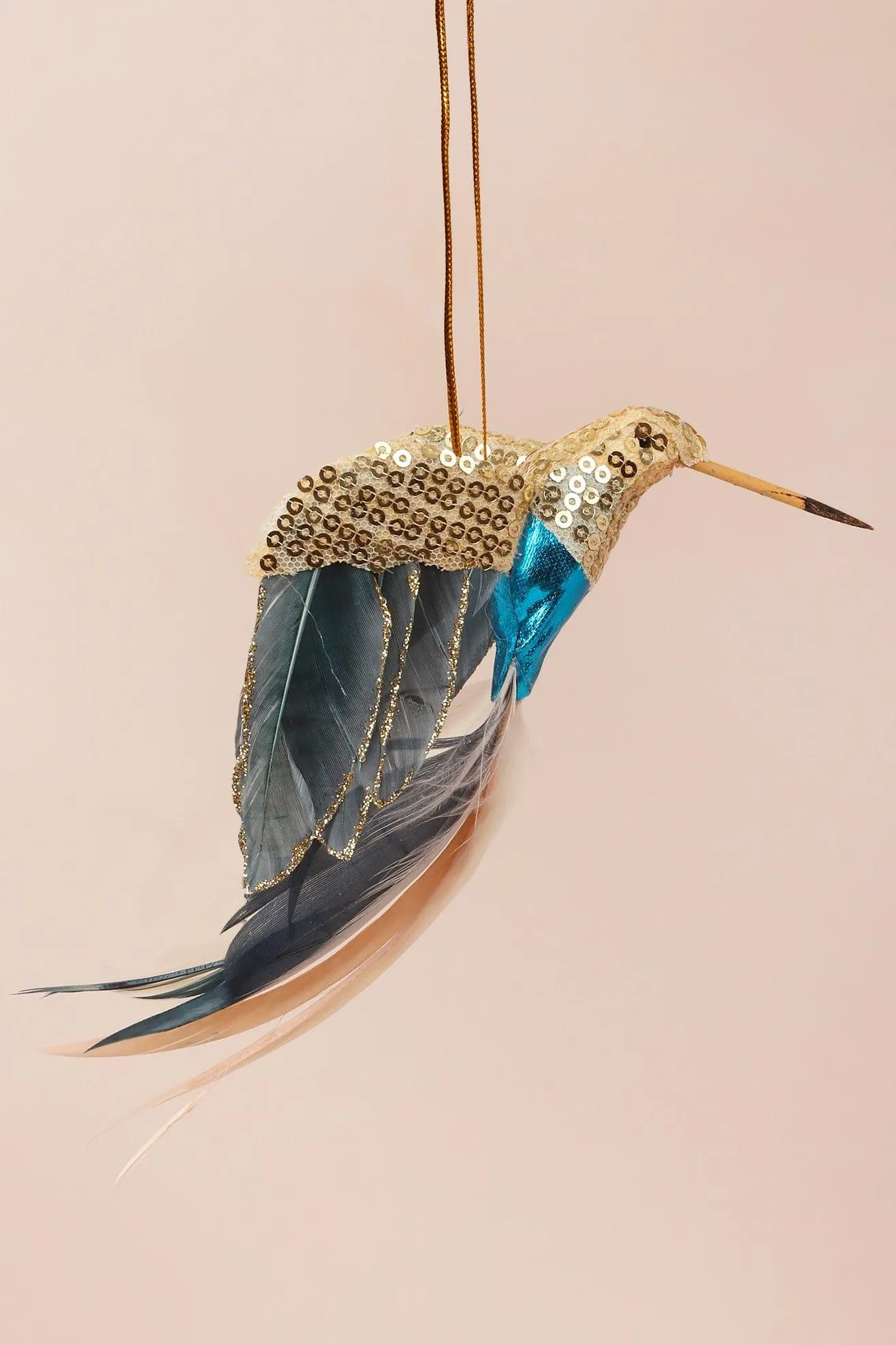 Gold Bird Christmas Tree Decoration with Sequins and Feathers