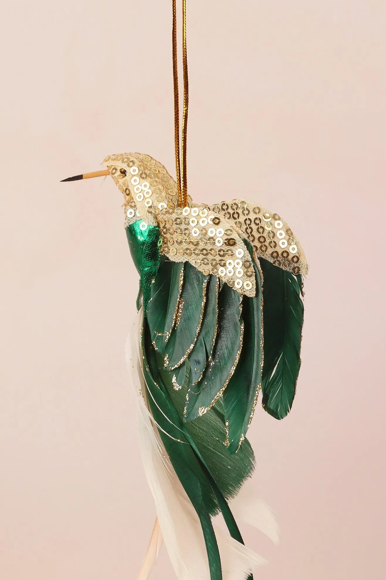 Gold Bird Christmas Tree Decoration with Sequins and Feathers
