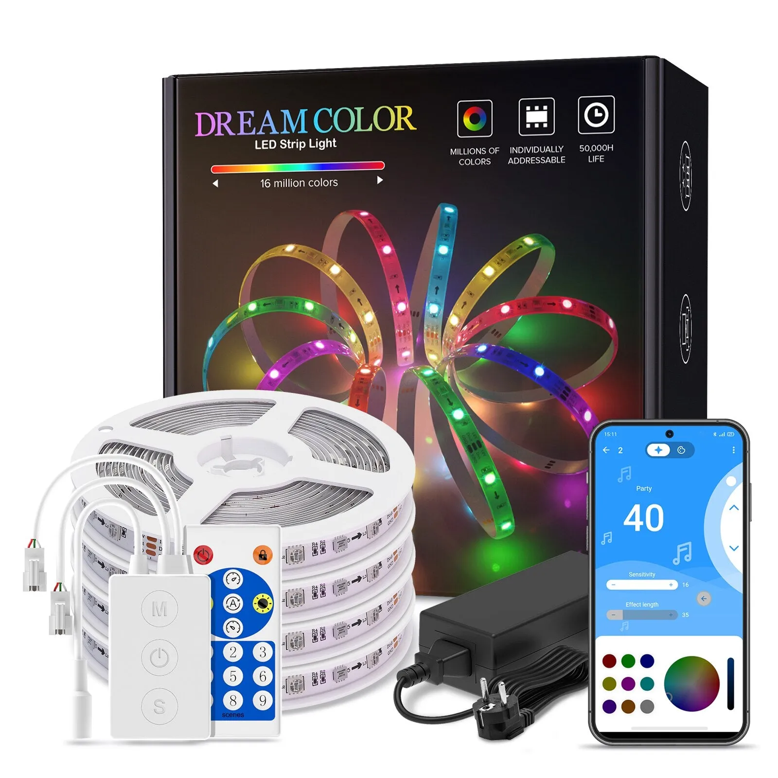 LED Strip Light BT Music APP Control WS2811 RGB IC Flexible Led Light Strip for Room TV Bedroom Party Kitchen 10M 20M