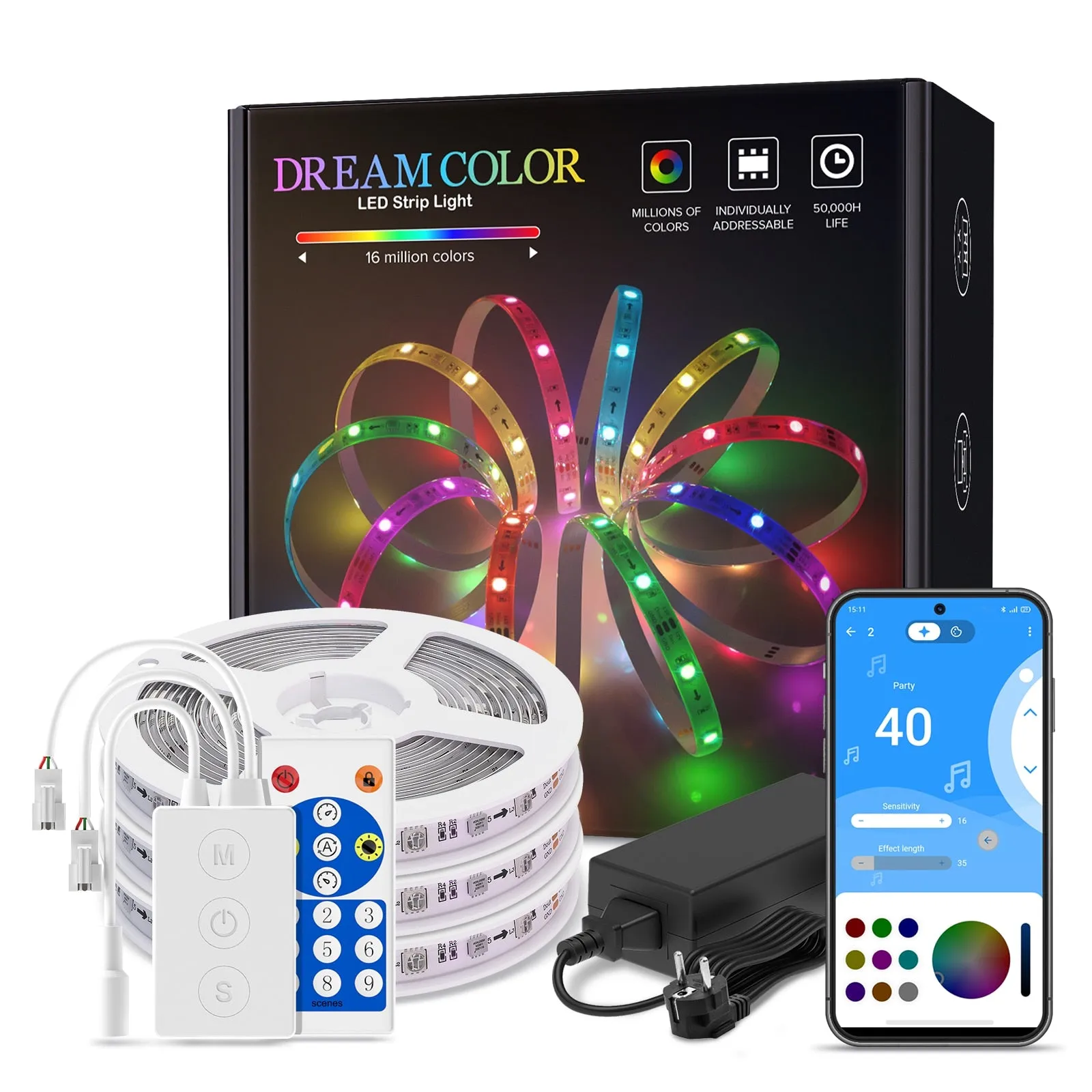LED Strip Light BT Music APP Control WS2811 RGB IC Flexible Led Light Strip for Room TV Bedroom Party Kitchen 10M 20M