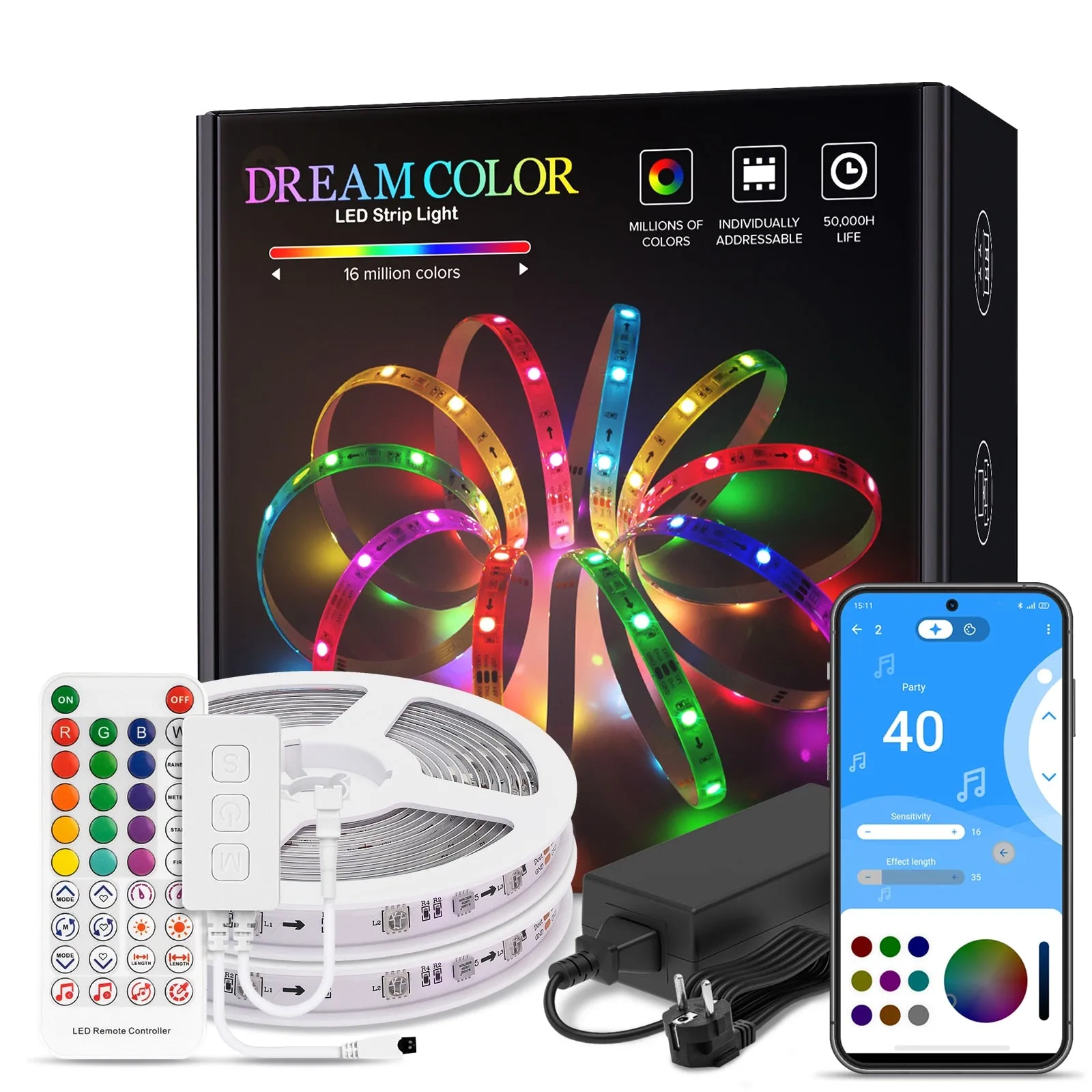 LED Strip Light BT Music APP Control WS2811 RGB IC Flexible Led Light Strip for Room TV Bedroom Party Kitchen 10M 20M