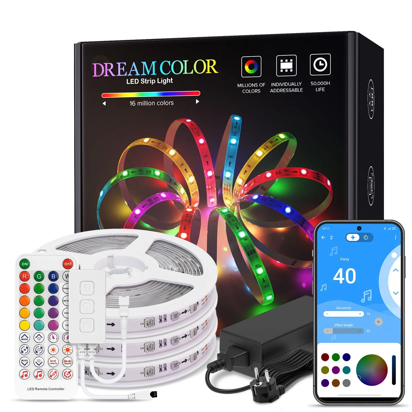 LED Strip Light BT Music APP Control WS2811 RGB IC Flexible Led Light Strip for Room TV Bedroom Party Kitchen 10M 20M