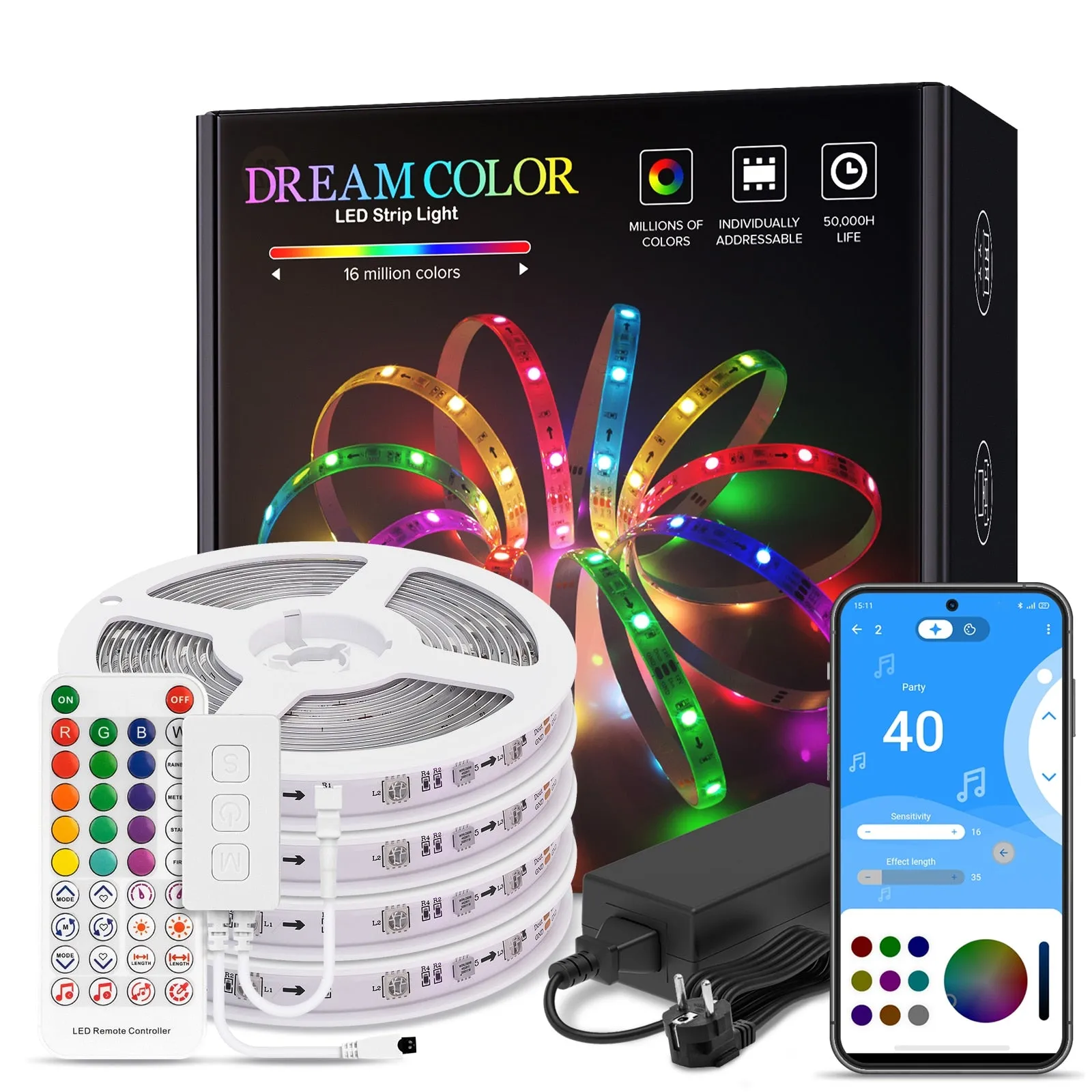 LED Strip Light BT Music APP Control WS2811 RGB IC Flexible Led Light Strip for Room TV Bedroom Party Kitchen 10M 20M