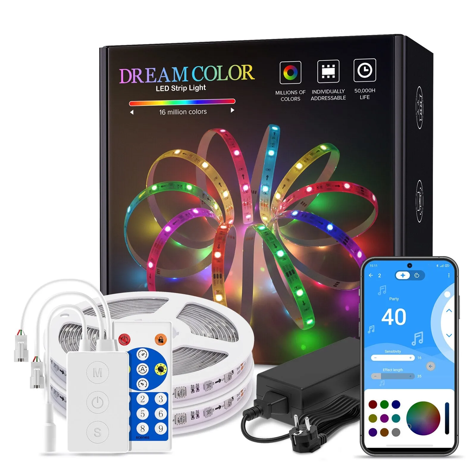 LED Strip Light BT Music APP Control WS2811 RGB IC Flexible Led Light Strip for Room TV Bedroom Party Kitchen 10M 20M