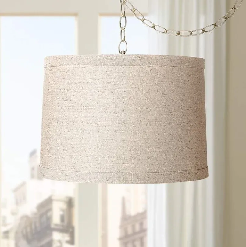 Linen Drum 16" Wide Antique Brass Plug-In Swag Chandelier