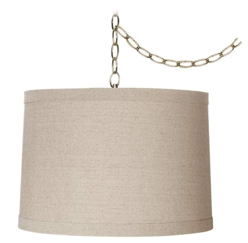 Linen Drum 16" Wide Antique Brass Plug-In Swag Chandelier
