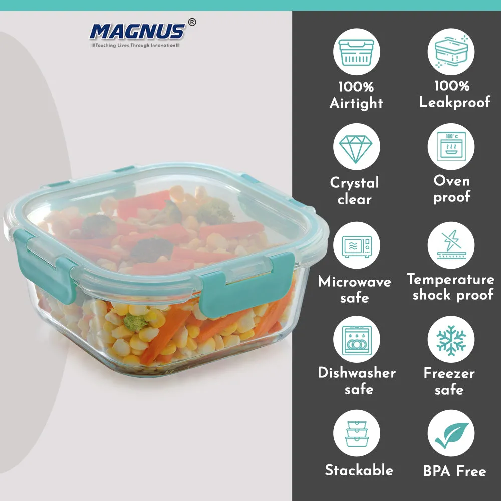 Magnus Glock Glass Food Square Container with Break-Free Detachable Lock, Oven & Microwave Safe Borosilicate Glass, 800ML, Ideal Lunch Box, Kitchen Essentials, Lunch Boxes for Office Men, Green