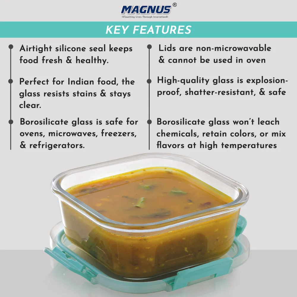 Magnus Glock Glass Food Square Container with Break-Free Detachable Lock, Oven & Microwave Safe Borosilicate Glass, 800ML, Ideal Lunch Box, Kitchen Essentials, Lunch Boxes for Office Men, Green