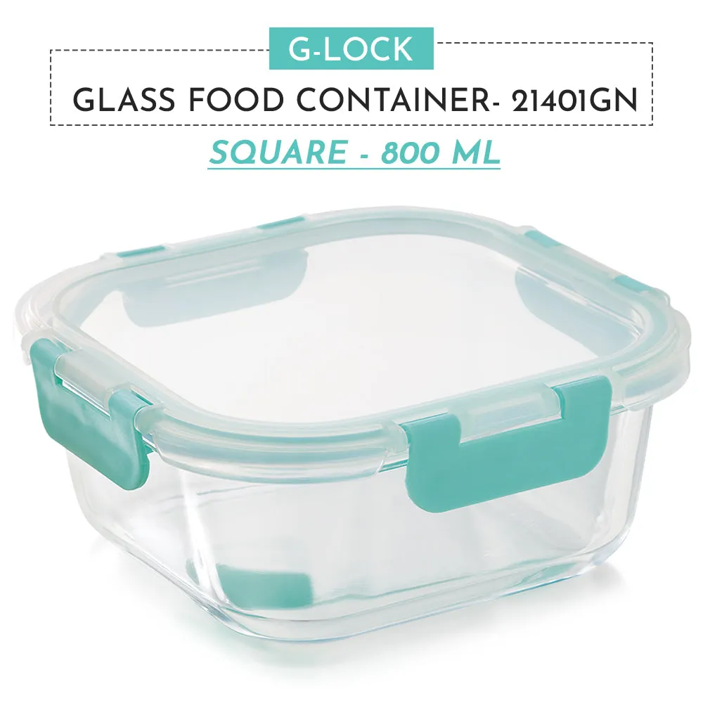 Magnus Glock Glass Food Square Container with Break-Free Detachable Lock, Oven & Microwave Safe Borosilicate Glass, 800ML, Ideal Lunch Box, Kitchen Essentials, Lunch Boxes for Office Men, Green