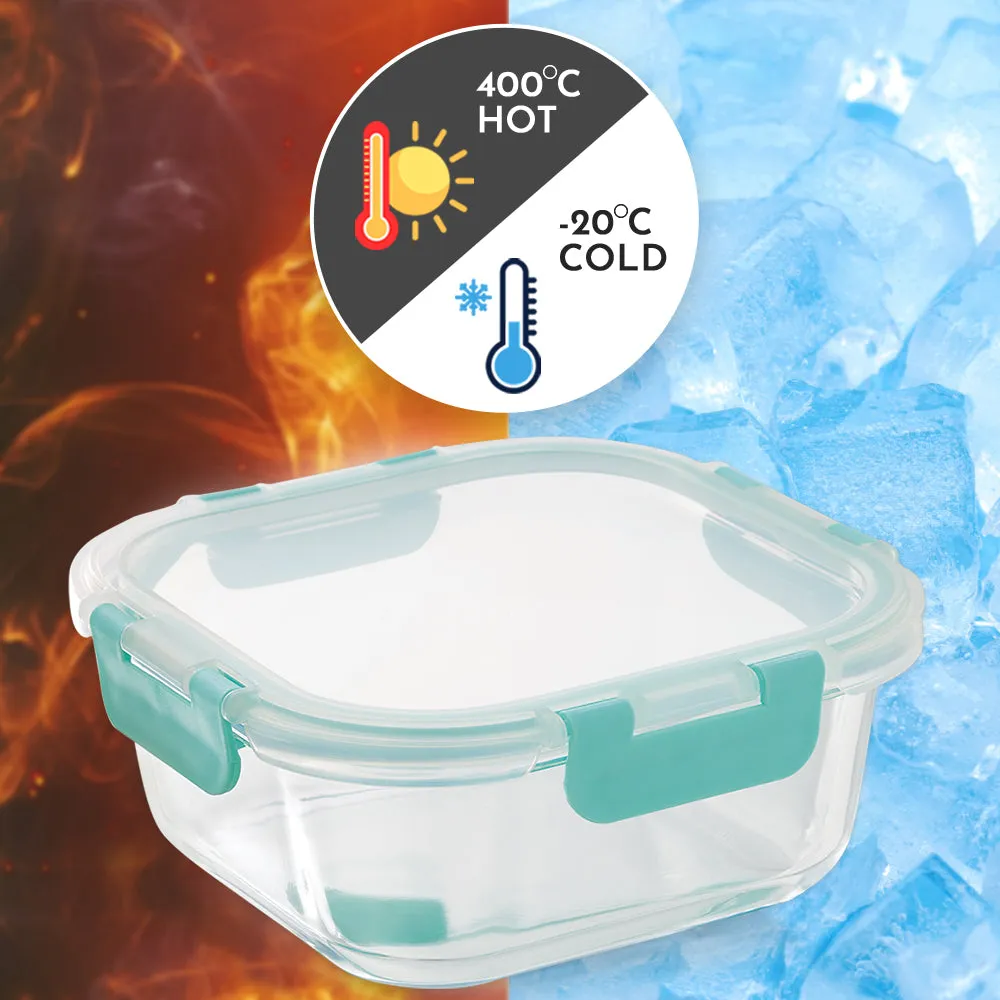 Magnus Glock Glass Food Square Container with Break-Free Detachable Lock, Oven & Microwave Safe Borosilicate Glass, 800ML, Ideal Lunch Box, Kitchen Essentials, Lunch Boxes for Office Men, Green