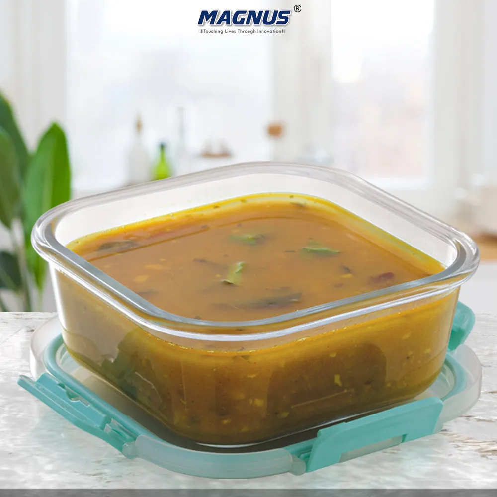 Magnus Glock Glass Food Square Container with Break-Free Detachable Lock, Oven & Microwave Safe Borosilicate Glass, 800ML, Ideal Lunch Box, Kitchen Essentials, Lunch Boxes for Office Men, Green