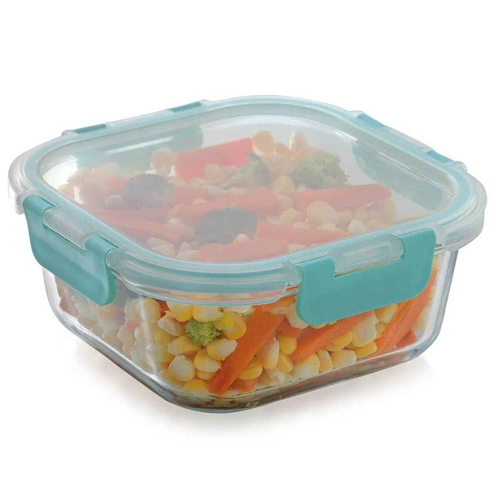 Magnus Glock Glass Food Square Container with Break-Free Detachable Lock, Oven & Microwave Safe Borosilicate Glass, 800ML, Ideal Lunch Box, Kitchen Essentials, Lunch Boxes for Office Men, Green
