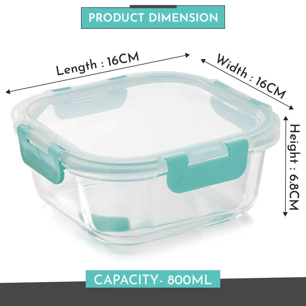 Magnus Glock Glass Food Square Container with Break-Free Detachable Lock, Oven & Microwave Safe Borosilicate Glass, 800ML, Ideal Lunch Box, Kitchen Essentials, Lunch Boxes for Office Men, Green